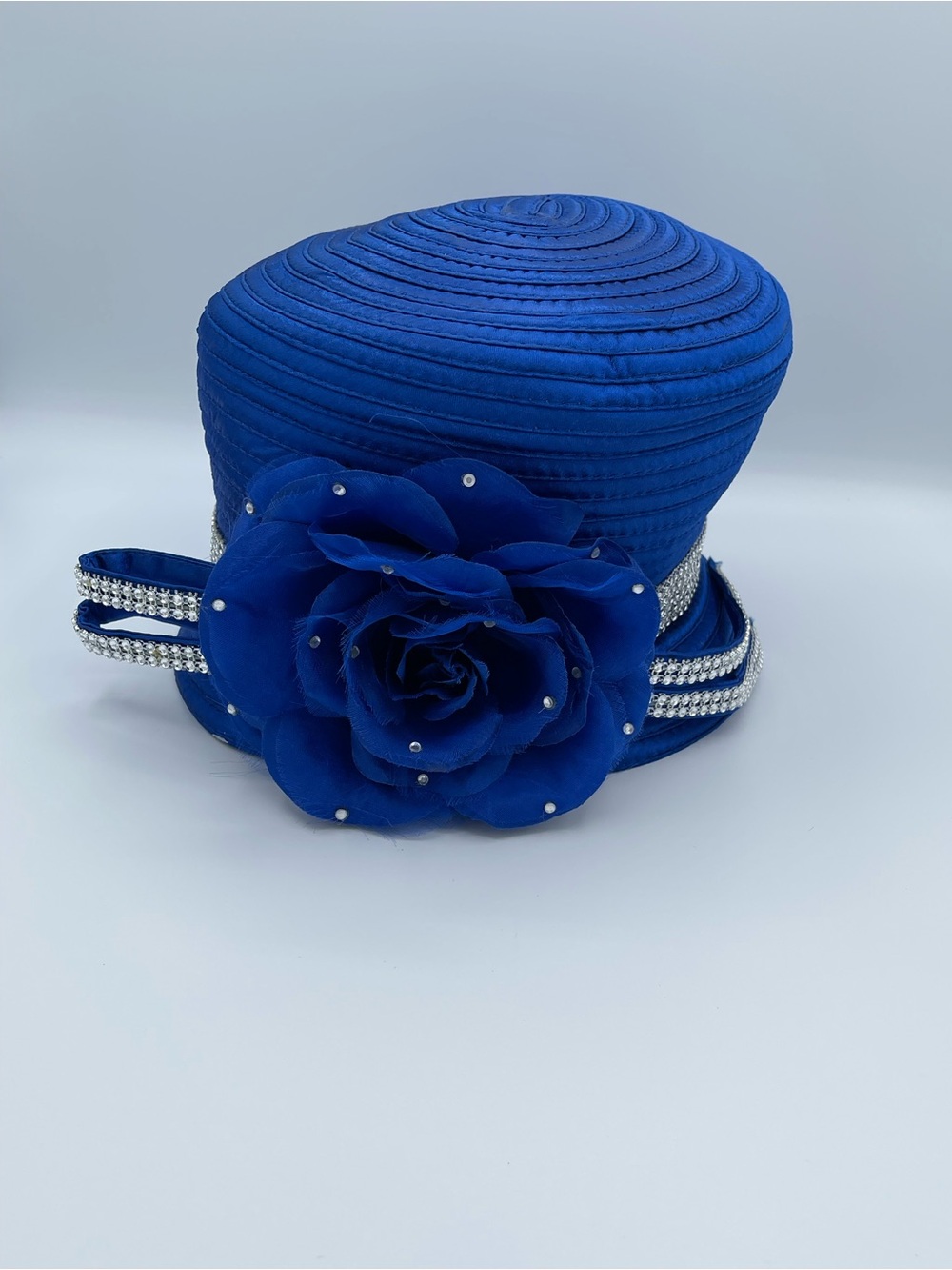 Elegant Royal Blue Floral Cocktail Hat with Crystal Accents